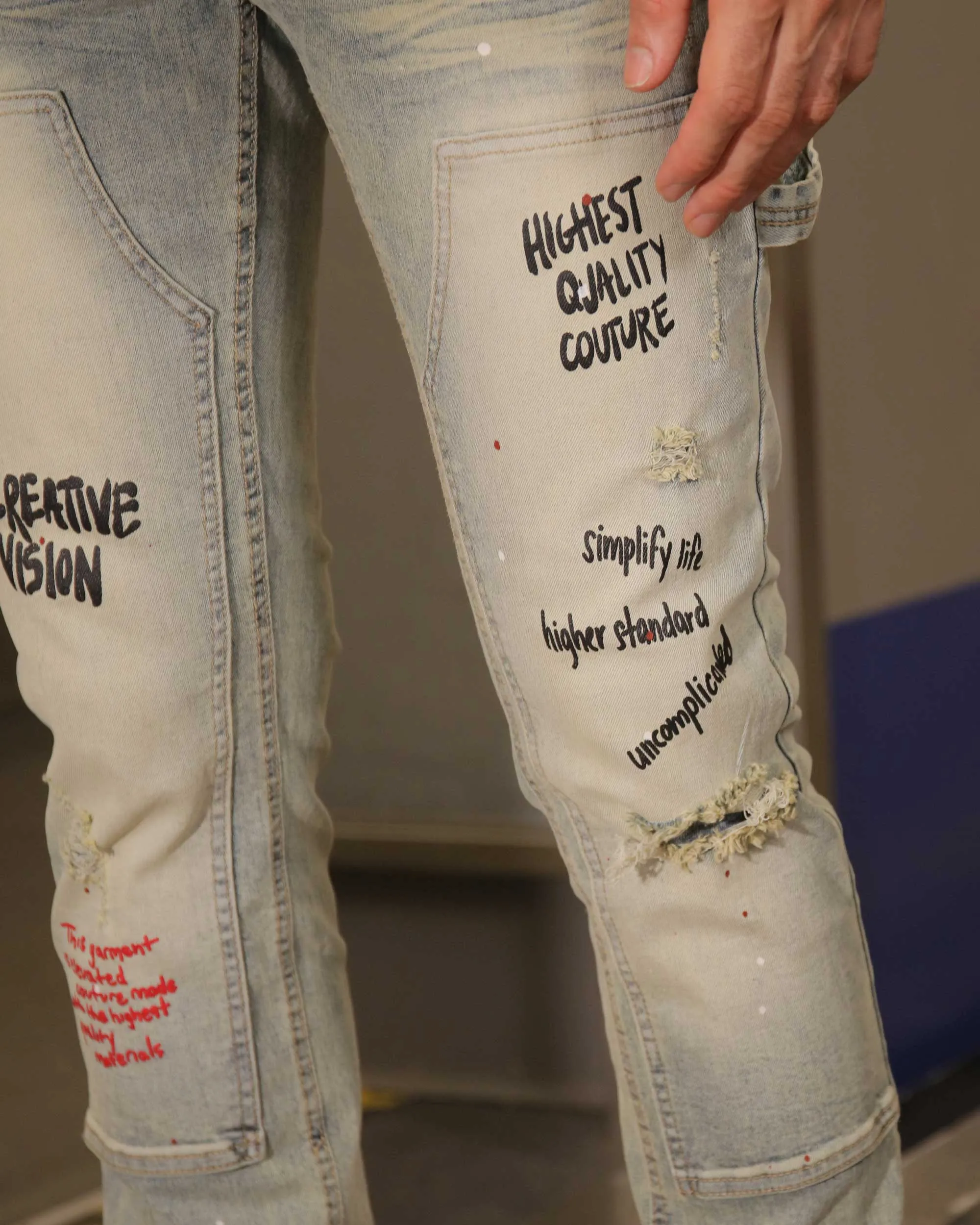 Spray Paint Graffiti Distressed Blue ripped Jeans-Mexico Local Delivery