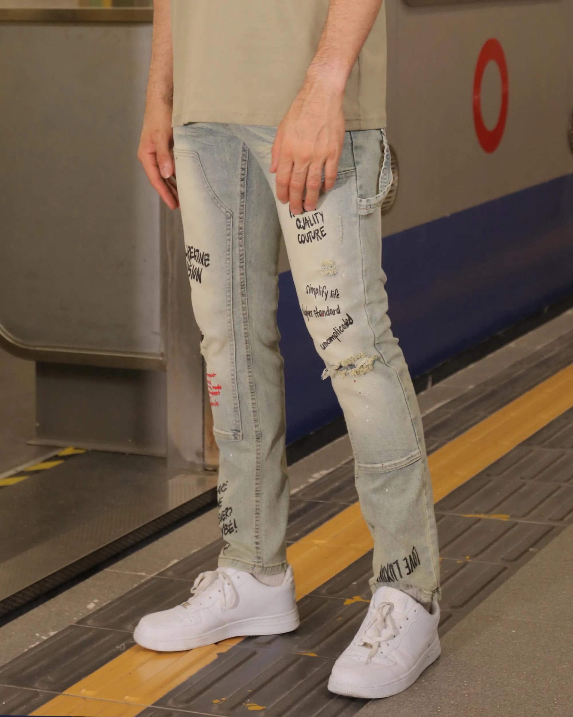 Spray Paint Graffiti Distressed Blue ripped Jeans-Mexico Local Delivery
