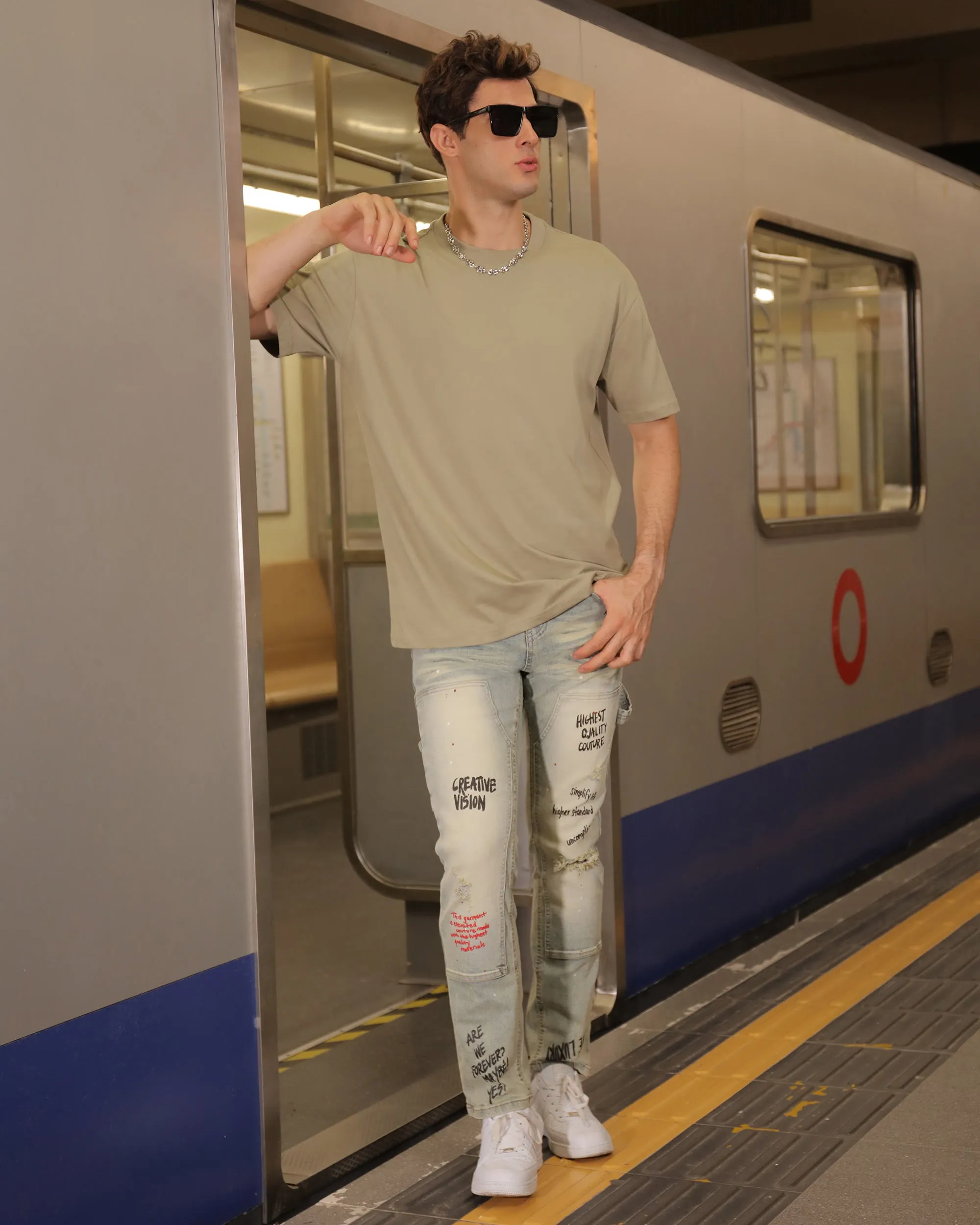 Spray Paint Graffiti Distressed Blue ripped Jeans-Mexico Local Delivery