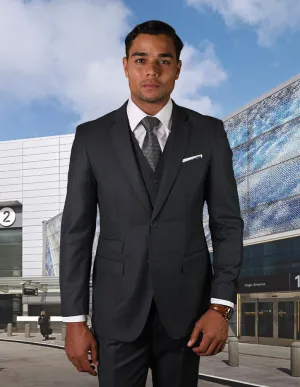 Statement Platinum 3pc Tailored Fit Suit Flat Front Pants Super 180\'s Italian Wool Fabric| STZV-101| Charcoal
