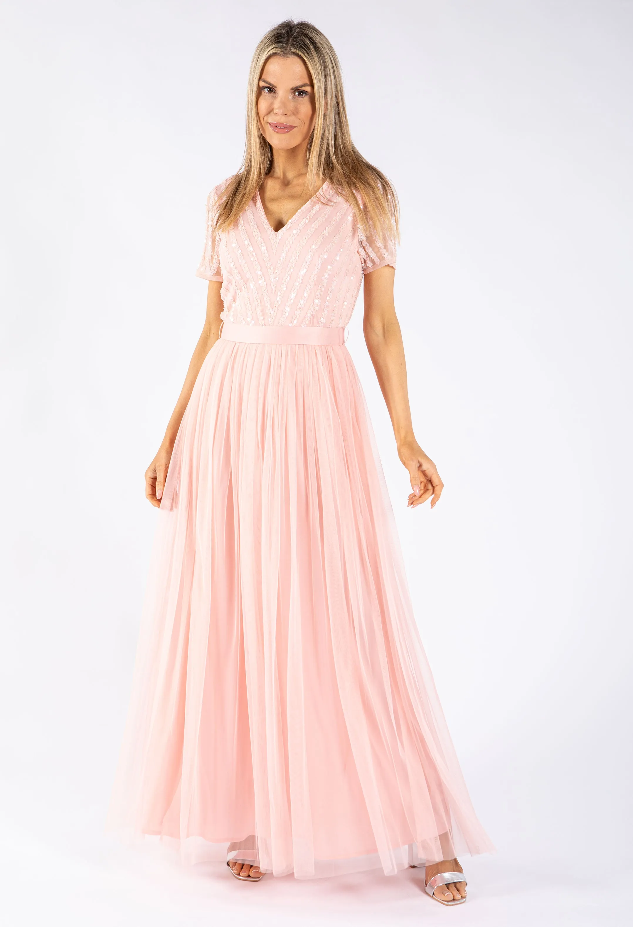 STRIPE EMBELLISHED MAXI DRESS WITH SASH BELT
