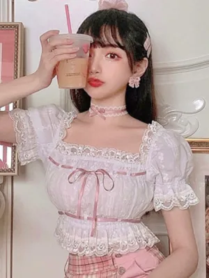 Summer Japanese Lolita Kawaii Blouse Women Lace Pink France Sweet Cute Blouse Female Puff Sleeve Korean Style Crop Tops New