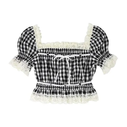 Summer Japanese Lolita Kawaii Blouse Women Lace Pink France Sweet Cute Blouse Female Puff Sleeve Korean Style Crop Tops New