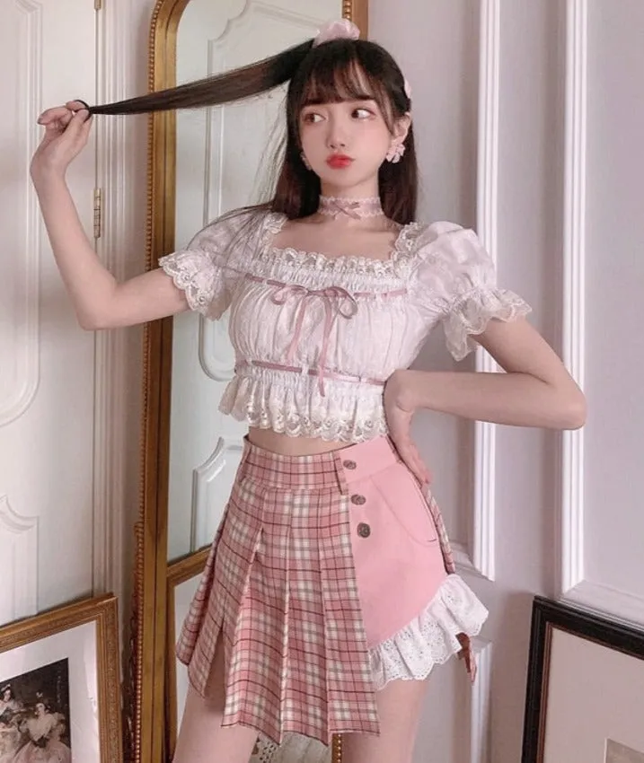 Summer Japanese Lolita Kawaii Blouse Women Lace Pink France Sweet Cute Blouse Female Puff Sleeve Korean Style Crop Tops New