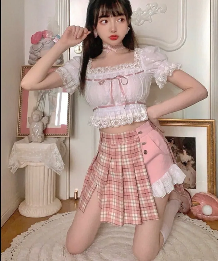 Summer Japanese Lolita Kawaii Blouse Women Lace Pink France Sweet Cute Blouse Female Puff Sleeve Korean Style Crop Tops New