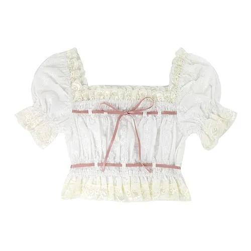 Summer Japanese Lolita Kawaii Blouse Women Lace Pink France Sweet Cute Blouse Female Puff Sleeve Korean Style Crop Tops New