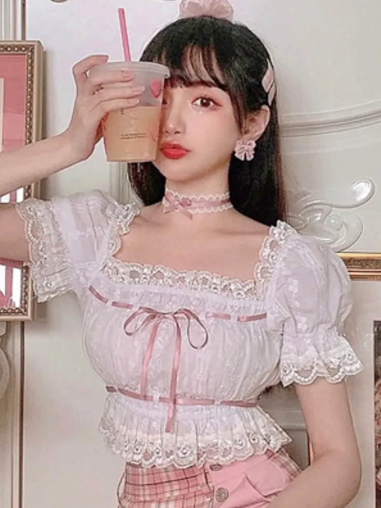 Summer Japanese Lolita Kawaii Blouse Women Lace Pink France Sweet Cute Blouse Female Puff Sleeve Korean Style Crop Tops New