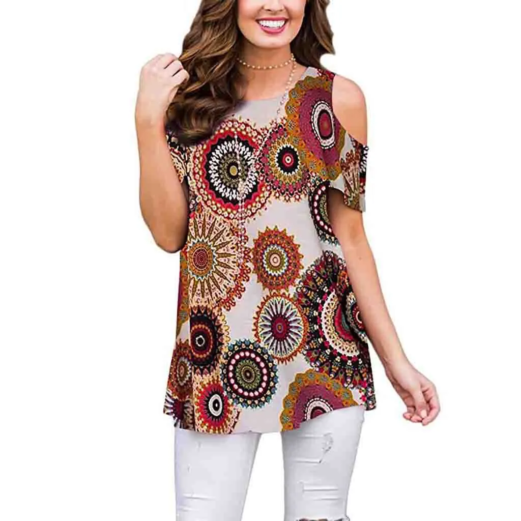 Summer Polyester Fiber Printed Off-the-shoulder Short Sleeve Pullover Women's Casual Shirt Top
