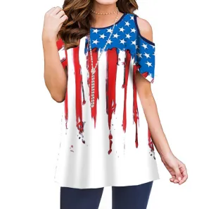 Summer Polyester Fiber Printed Off-the-shoulder Short Sleeve Pullover Women's Casual Shirt Top