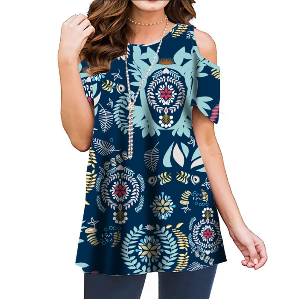 Summer Polyester Fiber Printed Off-the-shoulder Short Sleeve Pullover Women's Casual Shirt Top