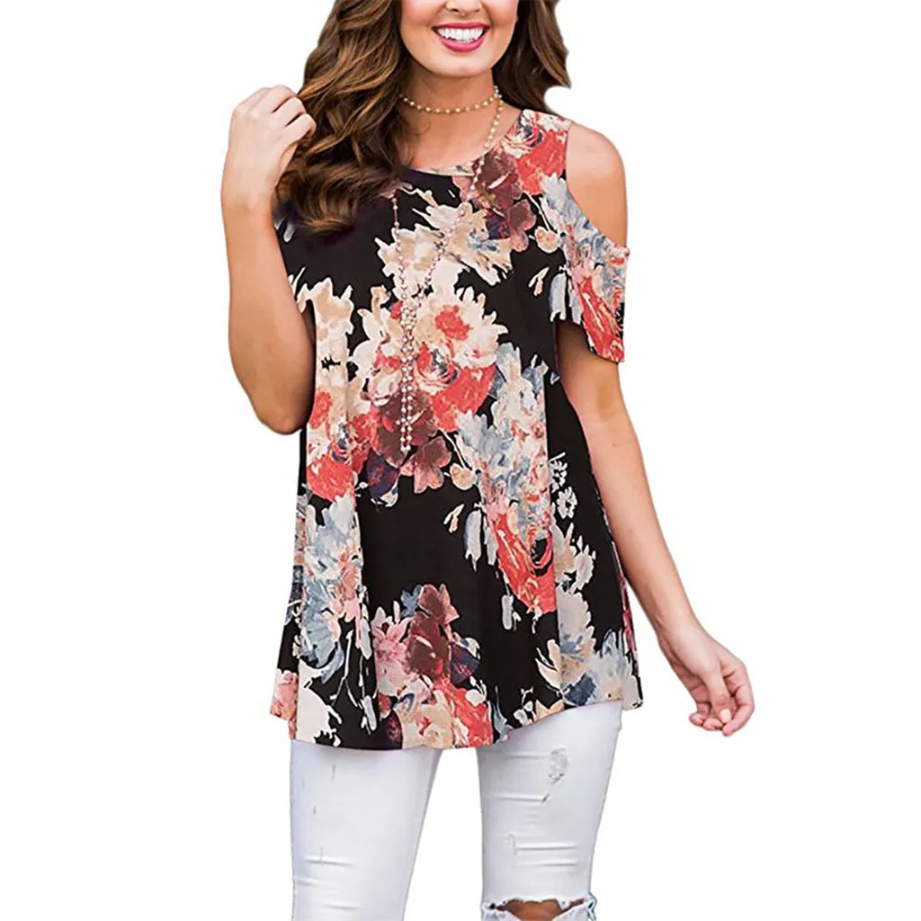 Summer Polyester Fiber Printed Off-the-shoulder Short Sleeve Pullover Women's Casual Shirt Top
