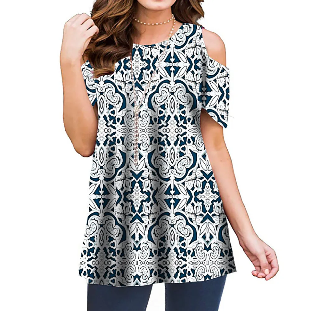 Summer Polyester Fiber Printed Off-the-shoulder Short Sleeve Pullover Women's Casual Shirt Top