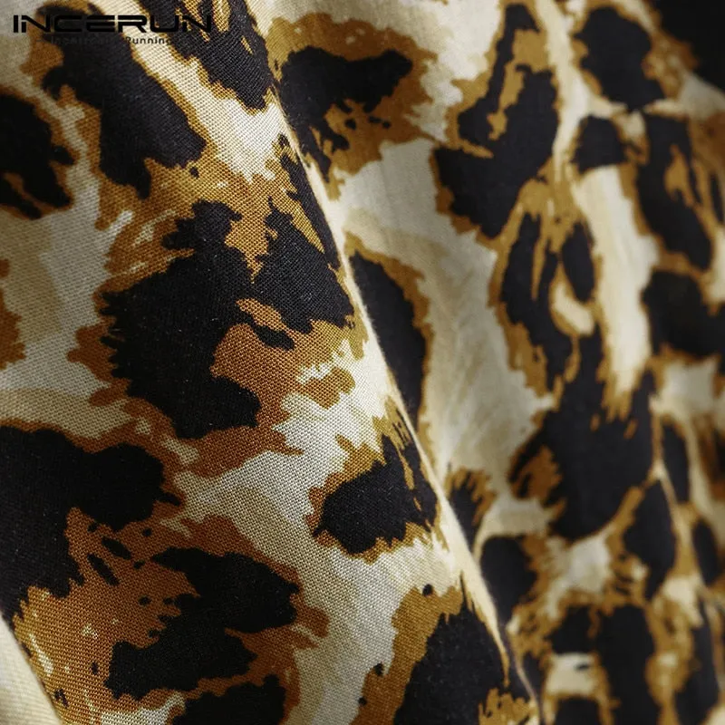 Summer Short Sleeve Leopard Print Shirt Men Lapel Neck Shirt