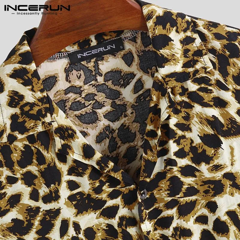 Summer Short Sleeve Leopard Print Shirt Men Lapel Neck Shirt