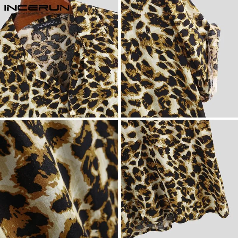 Summer Short Sleeve Leopard Print Shirt Men Lapel Neck Shirt