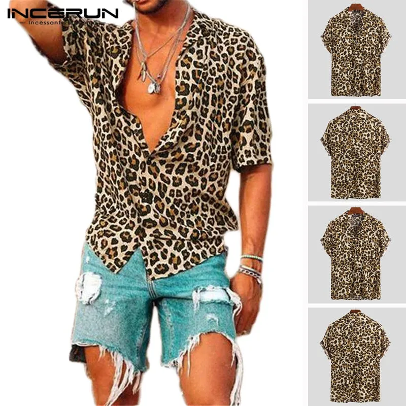 Summer Short Sleeve Leopard Print Shirt Men Lapel Neck Shirt