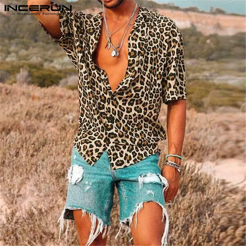 Summer Short Sleeve Leopard Print Shirt Men Lapel Neck Shirt