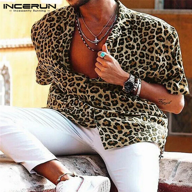 Summer Short Sleeve Leopard Print Shirt Men Lapel Neck Shirt