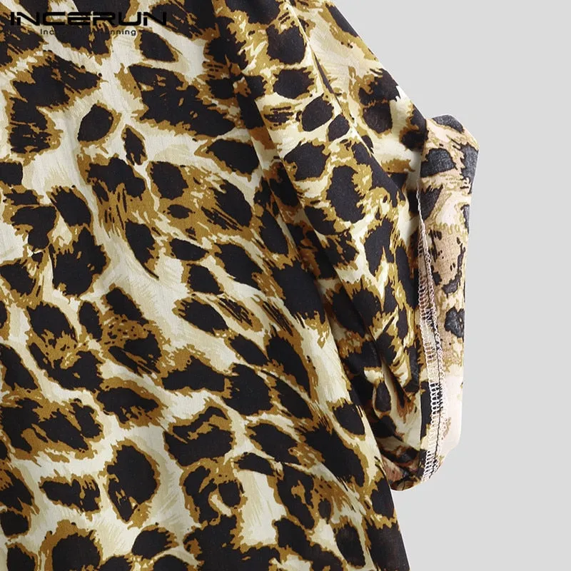 Summer Short Sleeve Leopard Print Shirt Men Lapel Neck Shirt