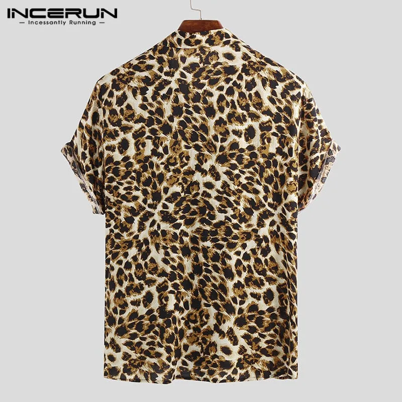 Summer Short Sleeve Leopard Print Shirt Men Lapel Neck Shirt