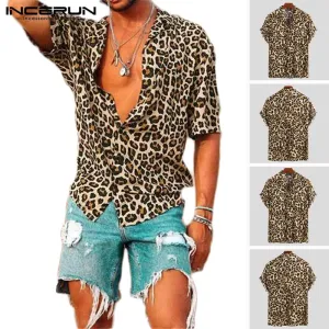 Summer Short Sleeve Leopard Print Shirt Men Lapel Neck Shirt