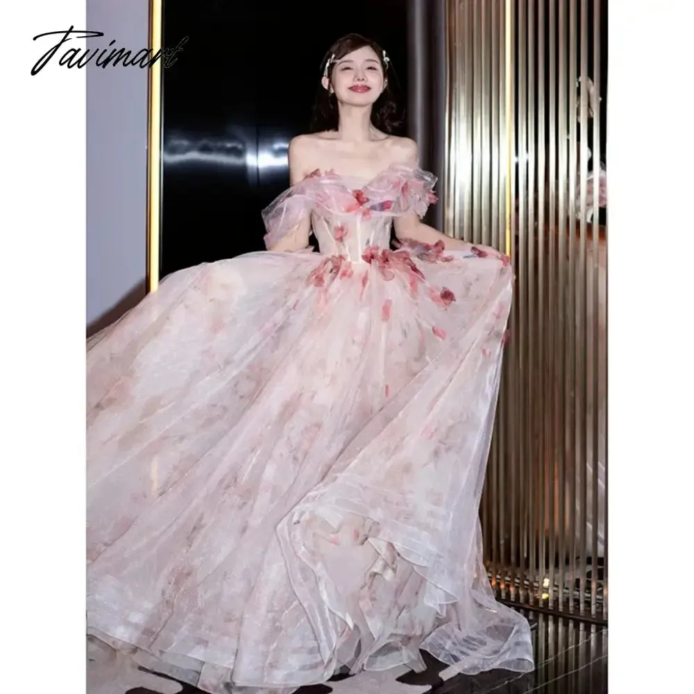 TAVIMART -  Print Princess Cocktail Dresses Off The Shoulder Strapless Light Luxury Floor Length Backless Boat Neck Evening Prom Host Gowns