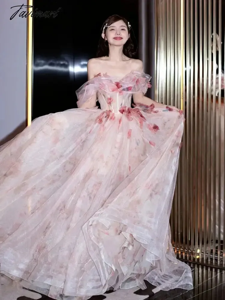 TAVIMART -  Print Princess Cocktail Dresses Off The Shoulder Strapless Light Luxury Floor Length Backless Boat Neck Evening Prom Host Gowns
