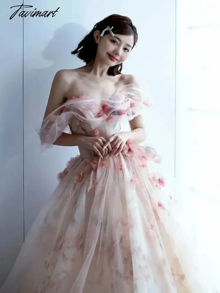 TAVIMART -  Print Princess Cocktail Dresses Off The Shoulder Strapless Light Luxury Floor Length Backless Boat Neck Evening Prom Host Gowns