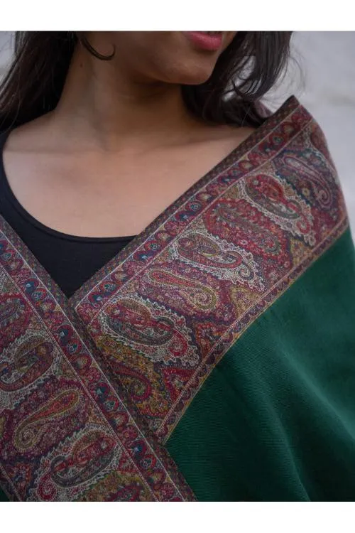 TICH Regal Statement. Exclusive Soft Jamavar Design Kashmiri Shawl - Emerald Green