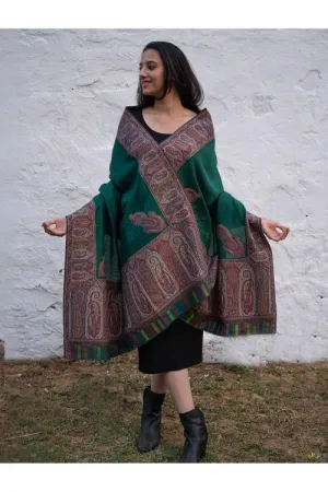 TICH Regal Statement. Exclusive Soft Jamavar Design Kashmiri Shawl - Emerald Green