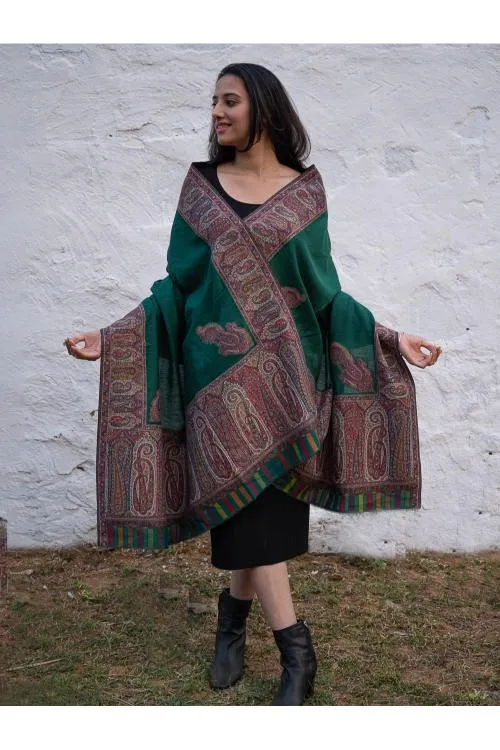 TICH Regal Statement. Exclusive Soft Jamavar Design Kashmiri Shawl - Emerald Green