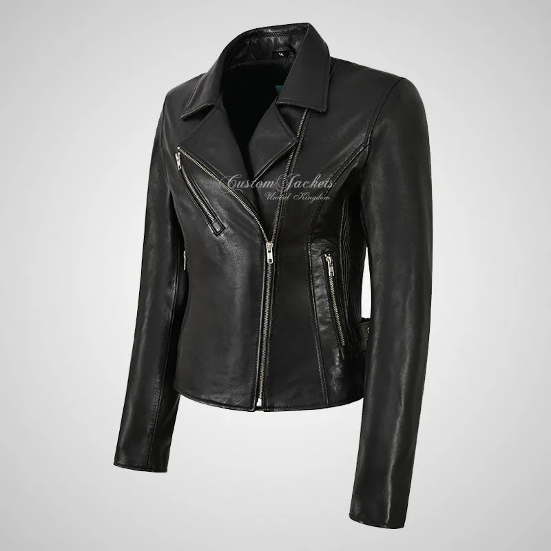 TOLEDO Ladies Black Biker Leather Jacket Soft Real Leather