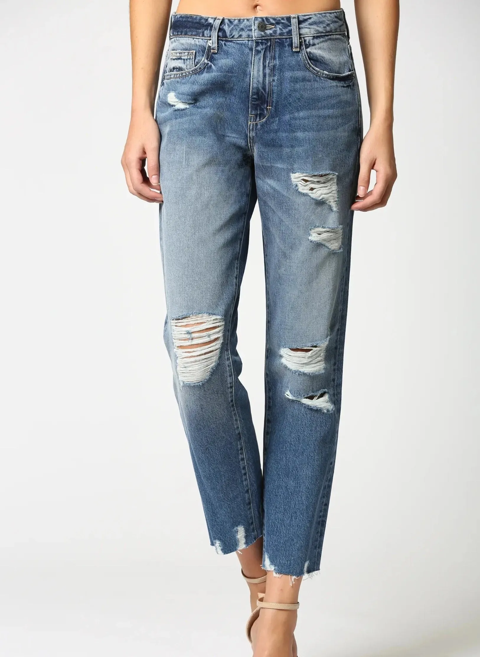 Tracey Distressed High Rise Straight Crop Jeans