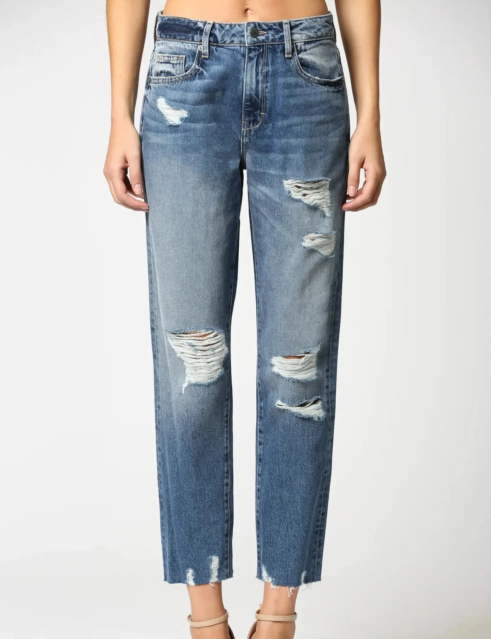 Tracey Distressed High Rise Straight Crop Jeans