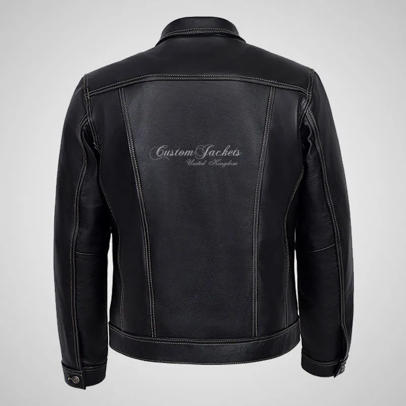 WEST Trucker Leather Jacket Cowhide Denim Biker Jacket