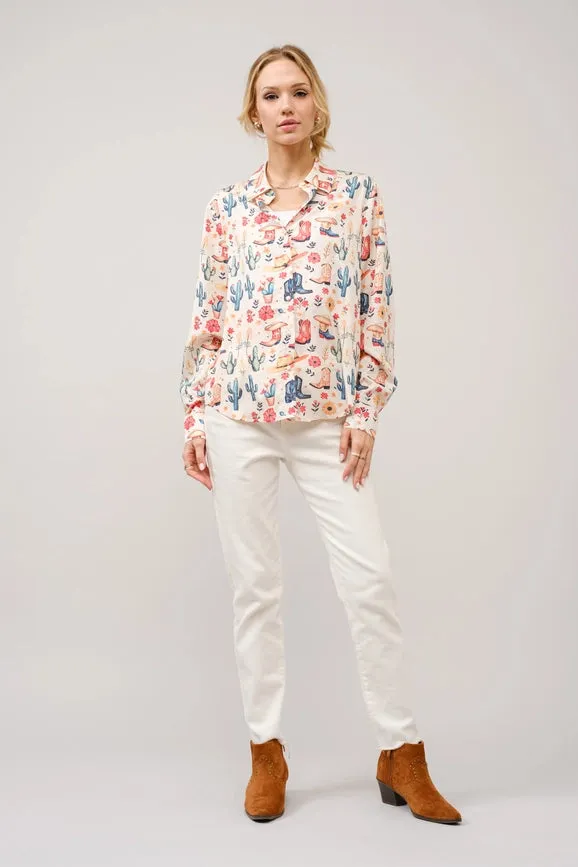Western Motif Print Button Up Shirt Blouse