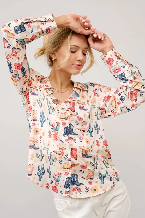Western Motif Print Button Up Shirt Blouse