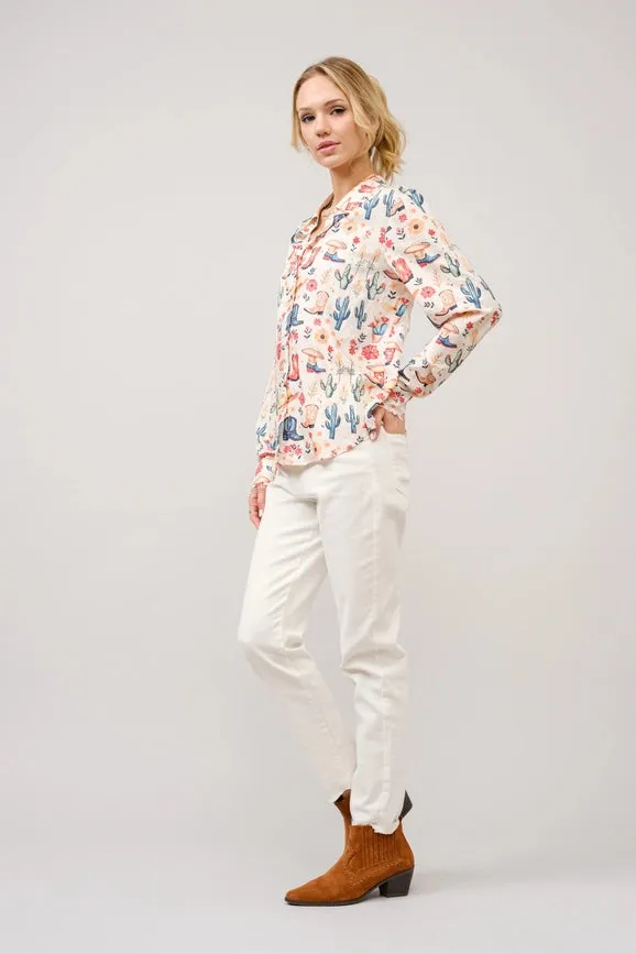Western Motif Print Button Up Shirt Blouse