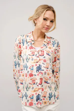 Western Motif Print Button Up Shirt Blouse