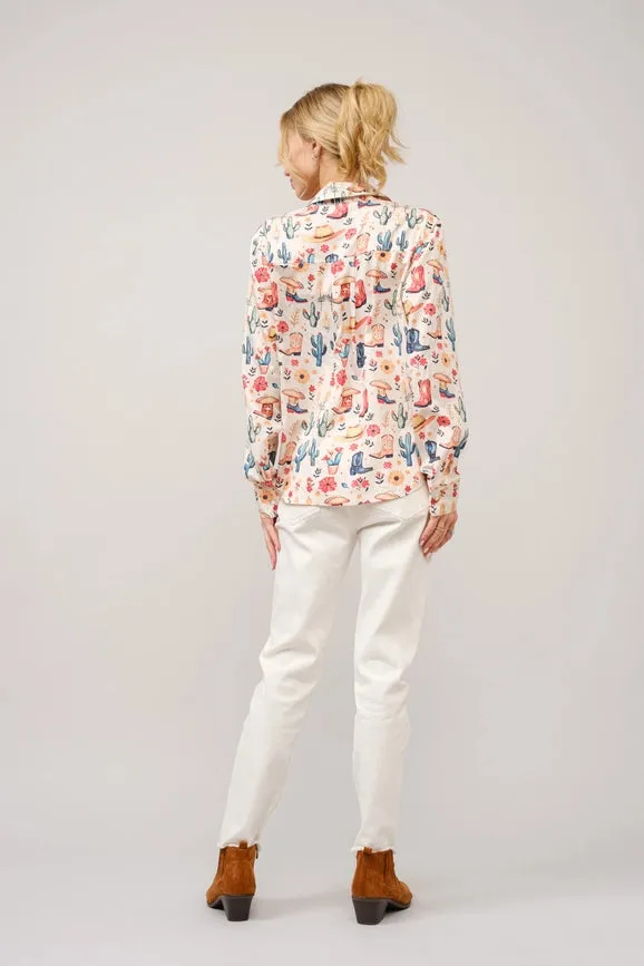 Western Motif Print Button Up Shirt Blouse