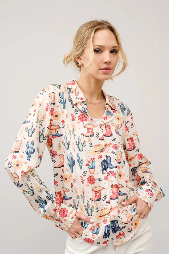 Western Motif Print Button Up Shirt Blouse