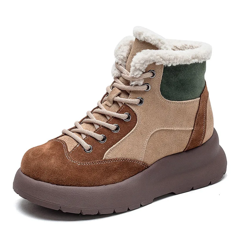 Women Retro Color Matching Leather Ankle Snow Boots
