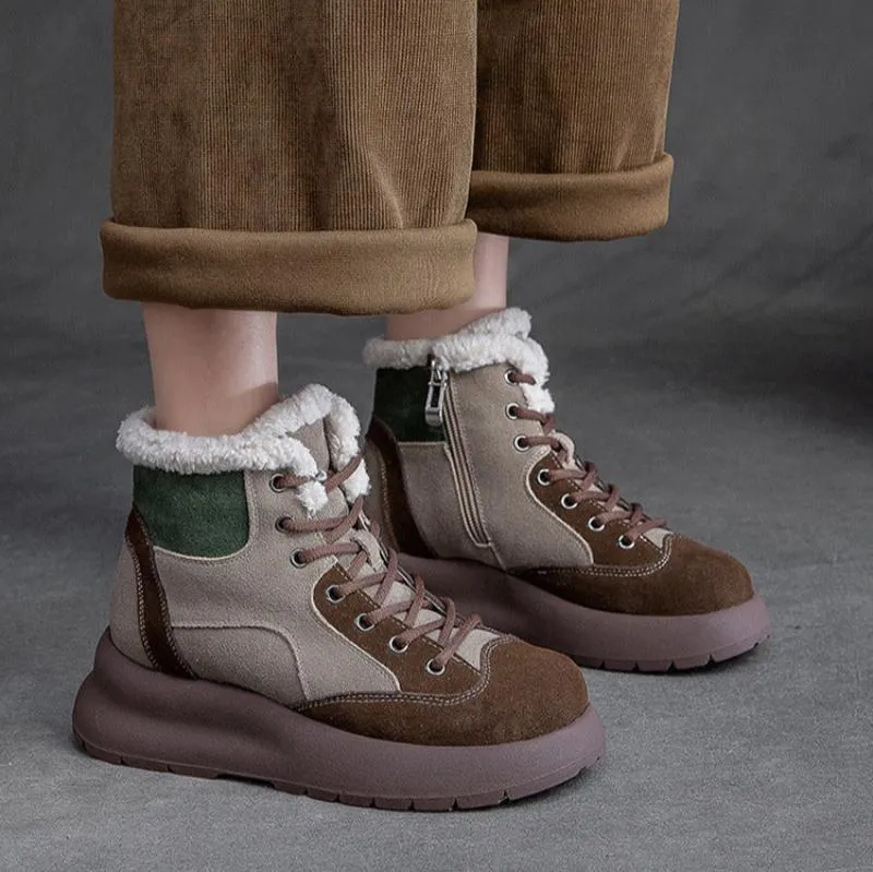 Women Retro Color Matching Leather Ankle Snow Boots