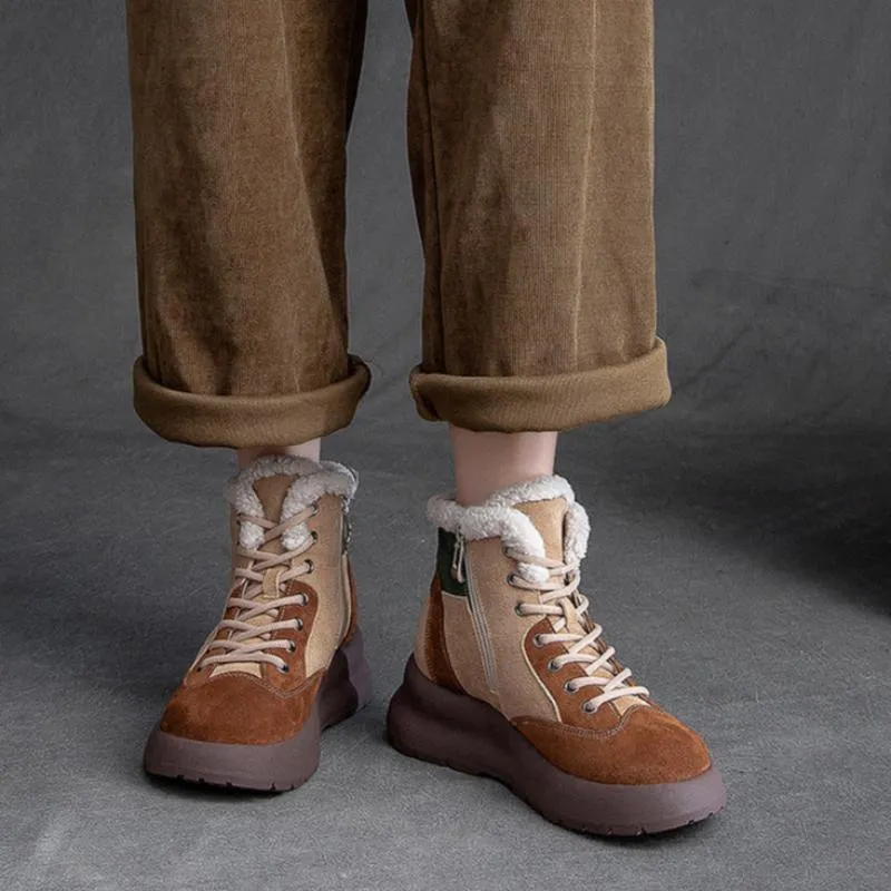 Women Retro Color Matching Leather Ankle Snow Boots
