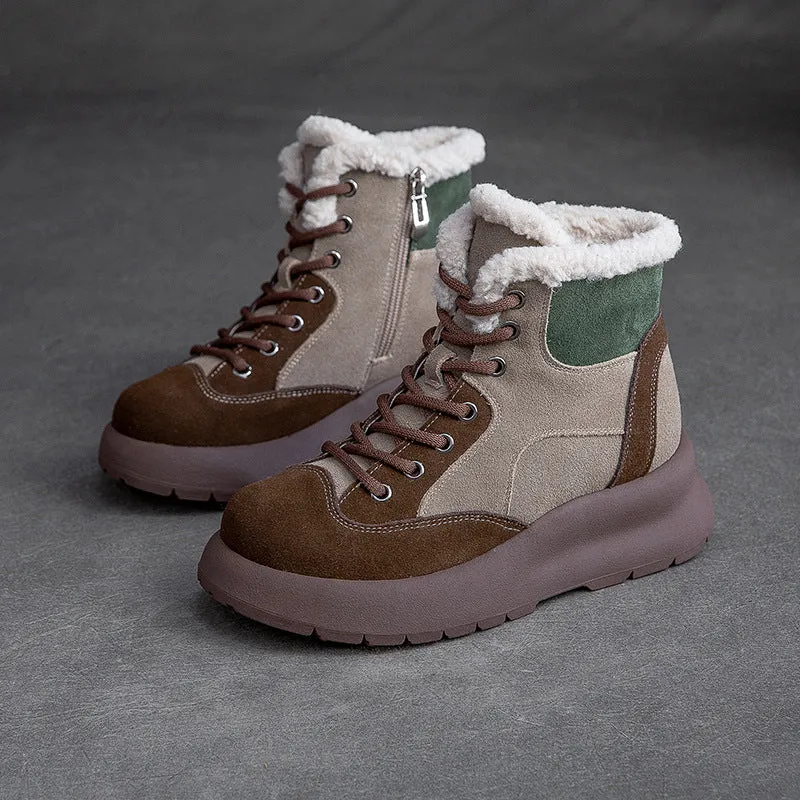 Women Retro Color Matching Leather Ankle Snow Boots