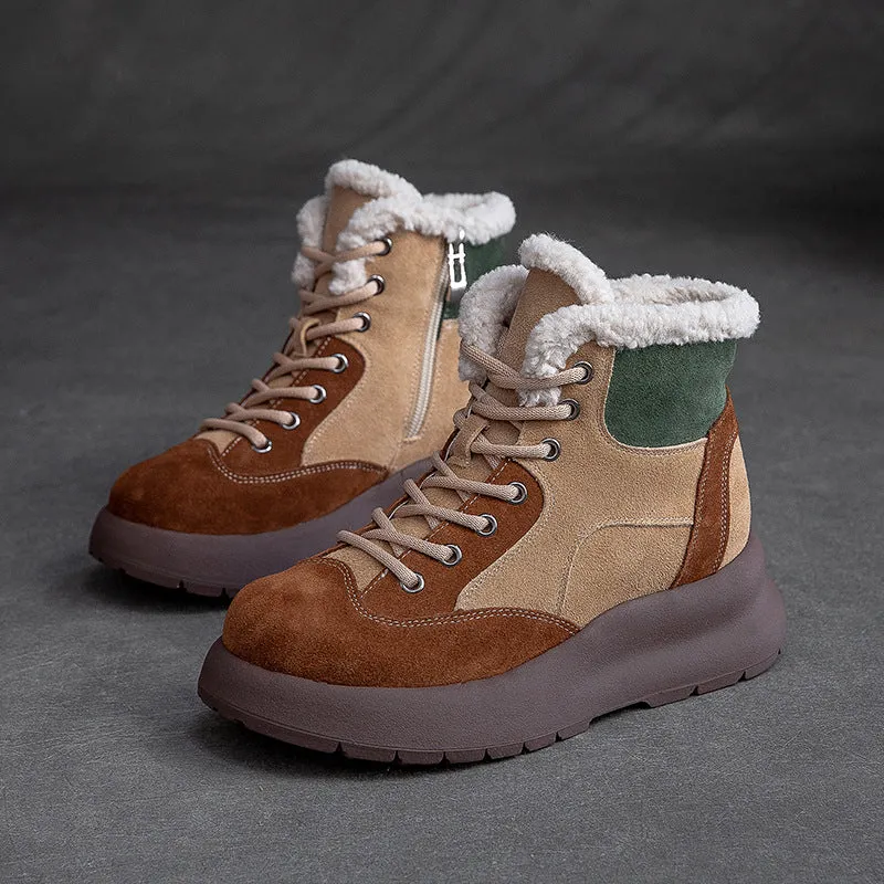 Women Retro Color Matching Leather Ankle Snow Boots