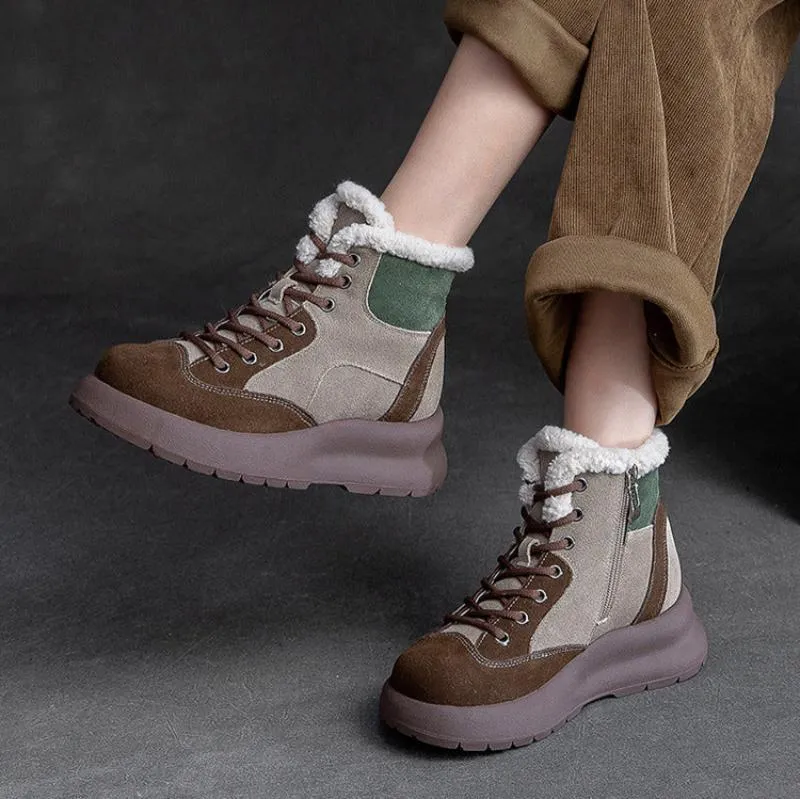 Women Retro Color Matching Leather Ankle Snow Boots