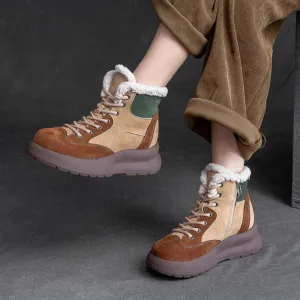 Women Retro Color Matching Leather Ankle Snow Boots