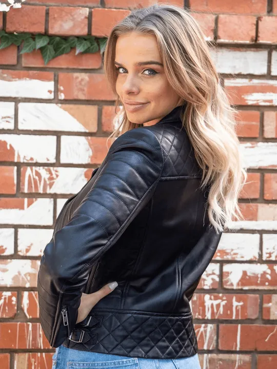 Womens Biker Quilted Genuine Leather Jacket