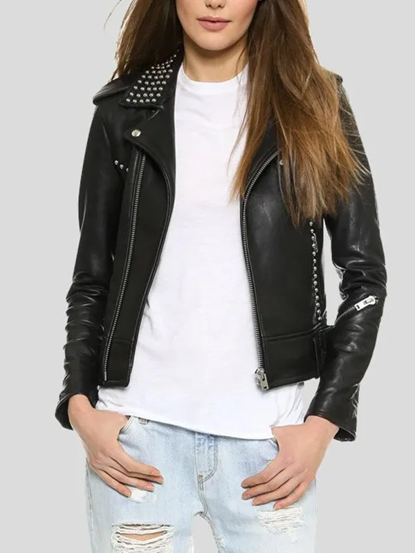 WOMENS BIKER STUDDED PREMIUM LEATHER JACKET